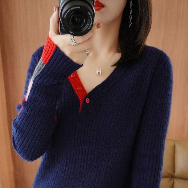 

Вязаный свитер женский, осень-зима 2022, пуловер в иностранном стиле с длинными рукавами и v-образным вырезом, свитер для женщин One Size темно-синий