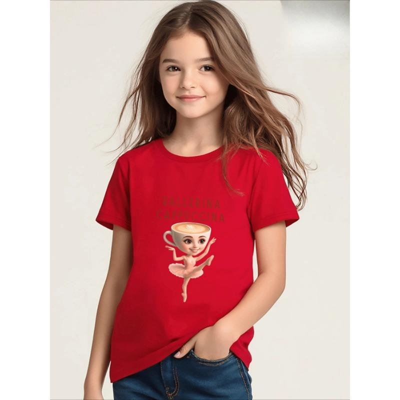 

Girls Ballet Cappuccino Ballerina Cappuccina Short Sleeve Round Neck Summer Cartoon Casual Tops Regular Fashion T-shirt for Girl 3XL