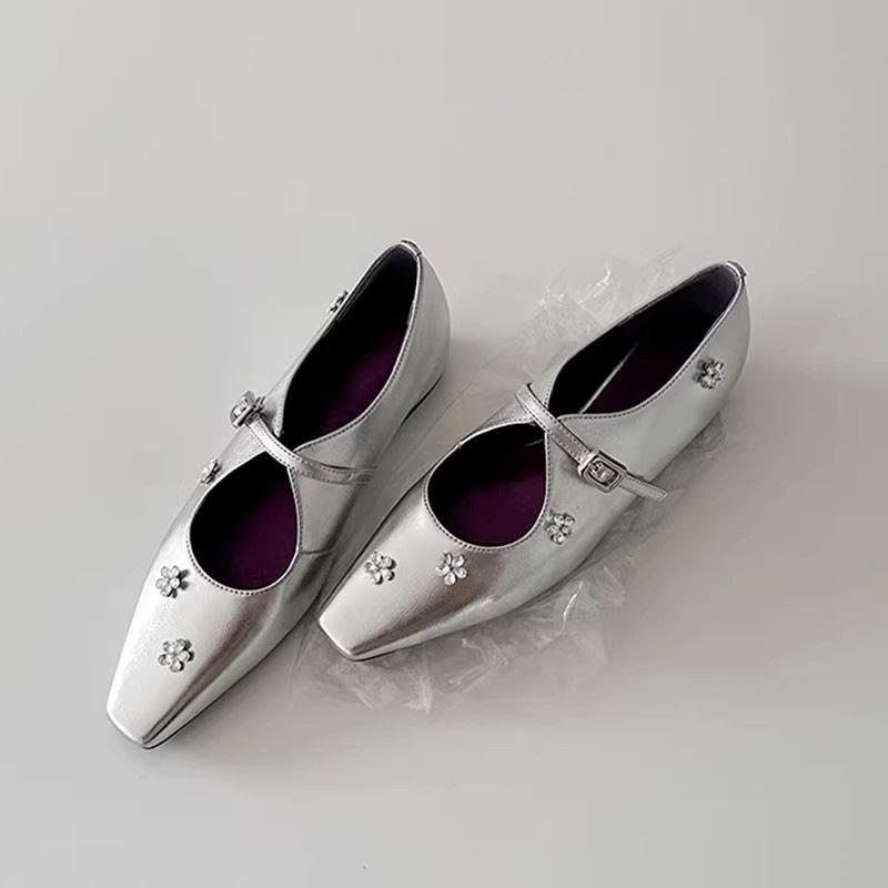 Sheepskin Version~ French Rhinestone Flower Inner Height Increase Small Square Head Light Mouth Single Shoes Women's Word with Silver Mary Jane Shoes