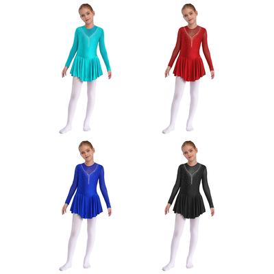 Stylisches Eislaufkleid für Kinder, Mädchen, langärmelig, glitzerndes Strasskleid für Tanzgymnastik