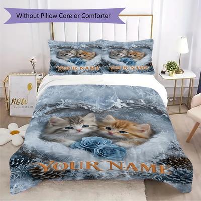Custom Name Winter Heart Kittens Bedding,Quilt Set Quilt Cover Pillowcase Home Birthday Gift(1 * Duvet Cover + 2 * Pillowcase, Without Core)_lx
