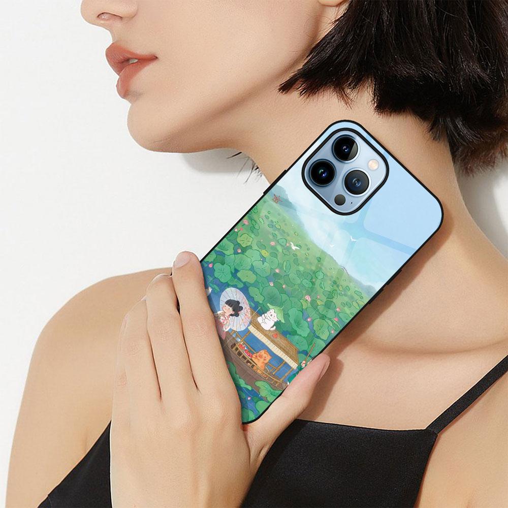 Cartoon Girl And Boy Case For Iphone 14 13 12 11 Pro Max Mini Xs Xr X 7 8 6s Plus Se 2022 Tempered Glass Cover Protection Shell