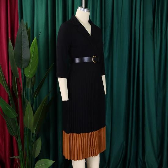 Women's Long Sleeve Blazer Dress V Neck Notched Lapel Pleated Swing Midi Dress Business Office Work Dress with Belt