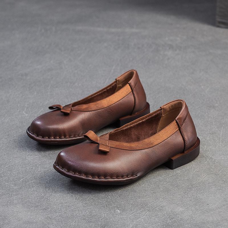 Johnature Echtes Leder Bequeme Schuhe mit niedrigem Absatz Retro Vielseitige Pumps Runde Spitze Damenschuhe