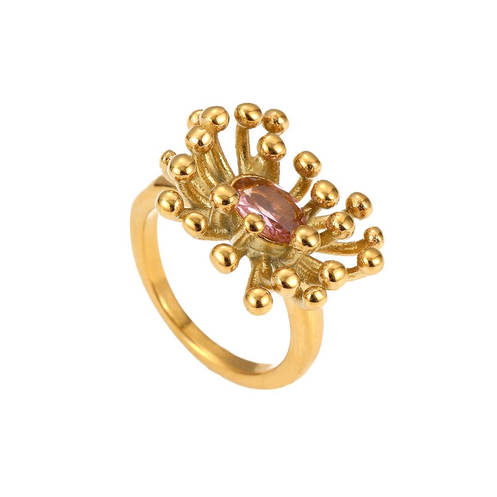 French Personalized Retro Zircon Ring Stainless Steel Women's Non-fading Ring Niche Flower Ring