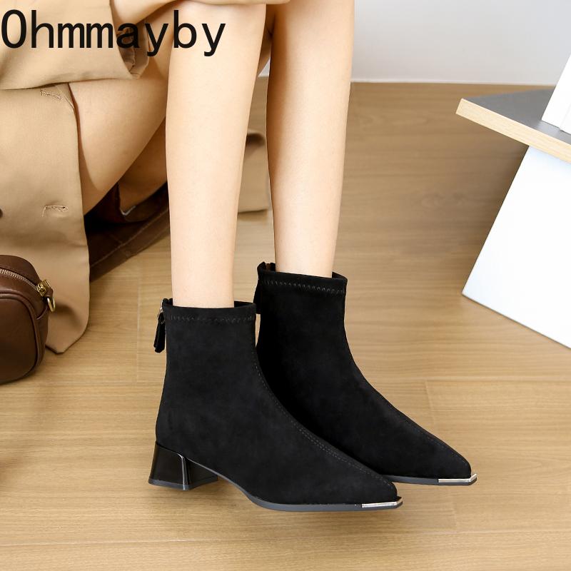 Autumn Winter Design Women Ankle Boots Sexy Thick High Heels Metal Pointed Toe Shoes Modern Short Botas Para Mujer