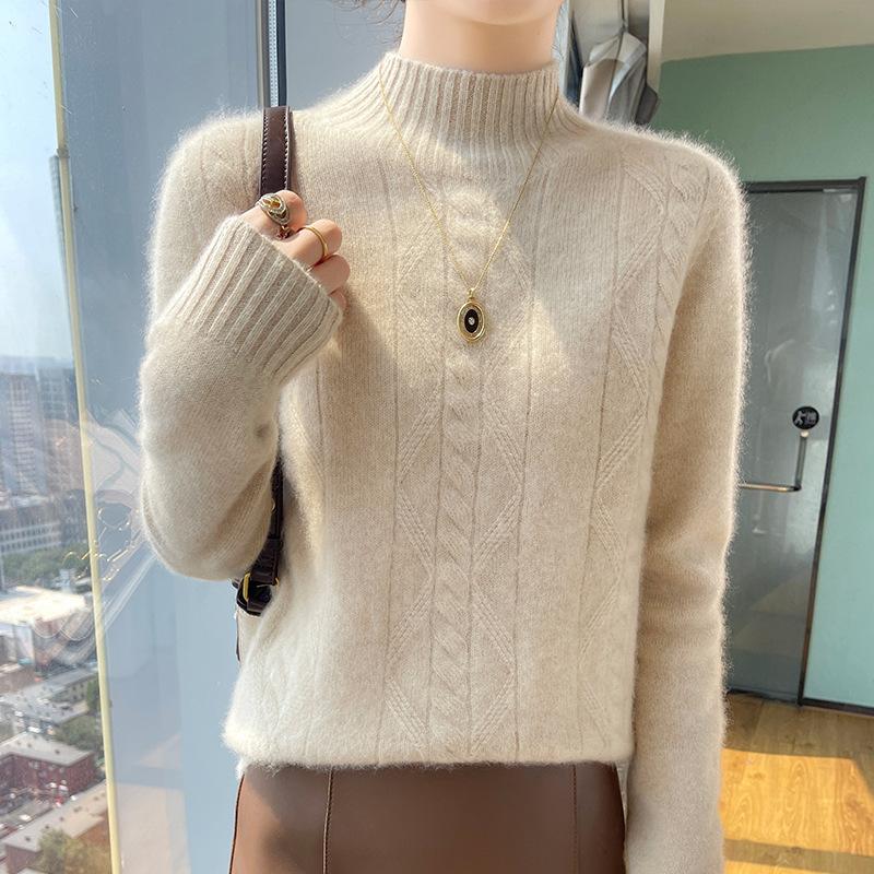 Autumn and winter new solid color temperament twist semi-turtleneck thickened loose and thin soft waxy sweater long-sleeved top women