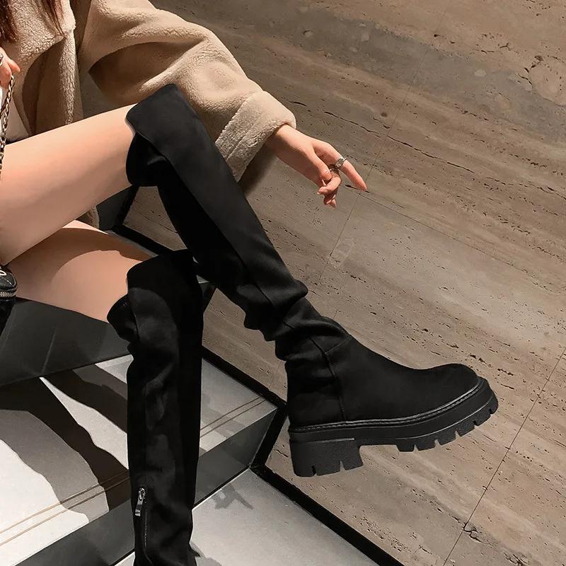 Platform Knee High Boots for Women Autumn Winter Slip On Leather Boots Woman Elastic Thick Soled Over Knee Botas