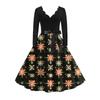 Damen Casual Mode V-Ausschnitt Langarm Retro Weihnachtsprint Retro Kleid