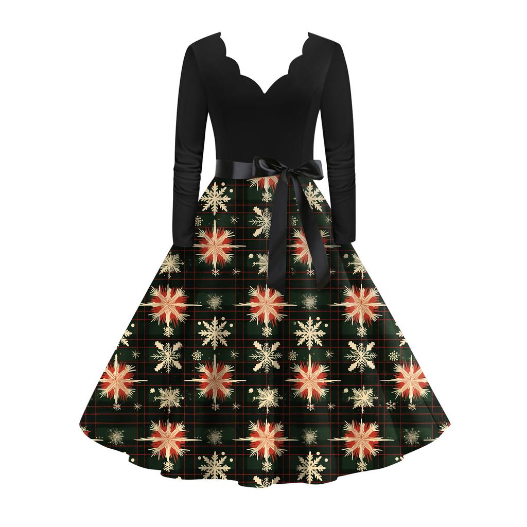 Damen Casual Mode V-Ausschnitt Langarm Retro Weihnachtsprint Retro Kleid