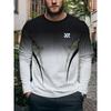 Men's Fashion Gradient Long Sleeve T-Shirt Trendy Geometric Pattern Print Casual Top Sporty Round Neck Base Layer,