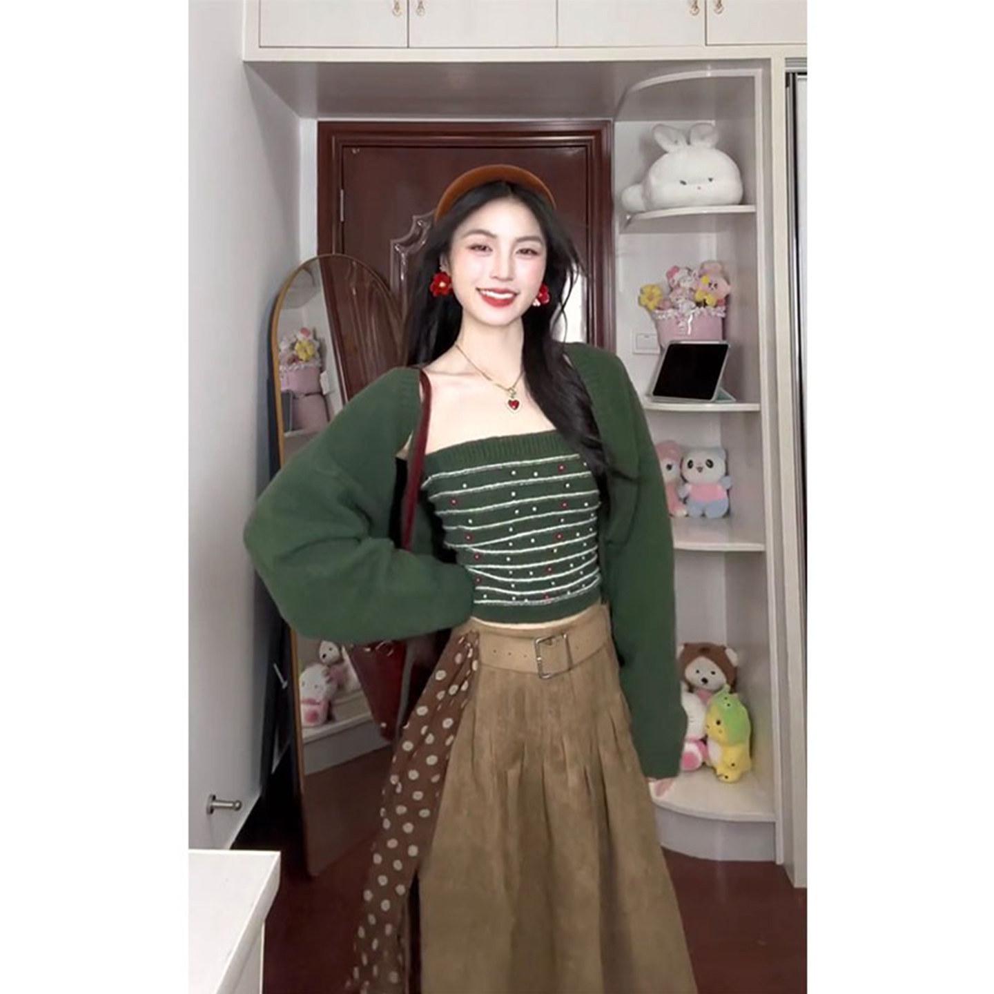 Spring Retro Green Knit Cardigan, Skirt & Top Set - Women s Korean Style M (95-105 jin)