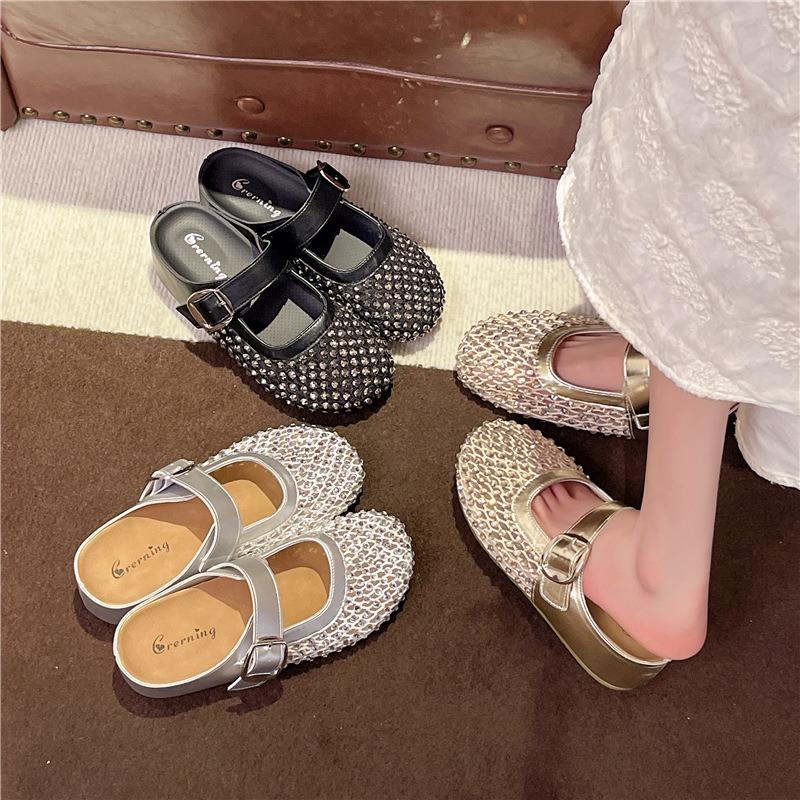 thick-soled inner height-increasing rhinestone bag head half slippers women's summer wear new fishing net shoes cool slippers single shoes