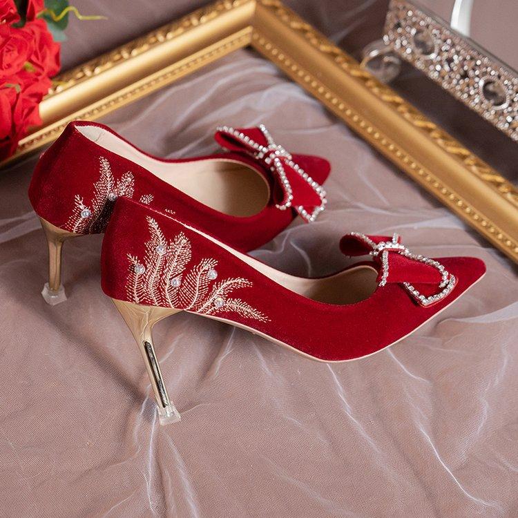 Dámské svatební boty Nové Kamínková mašle Červené Svatební Dámské Vysoký podpatek Špičatá špička Nazouvací lodičky Nude boty