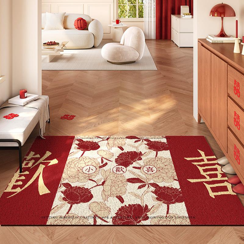 Wedding Entrance Door Floor Mat Red Festive Wedding Room Arrangement Doormat Entrance Door Silk Ring Foot Pad Non-Slip Can Be Cut