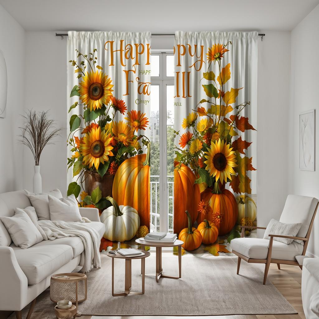 2 Stück HD Erntedankfest Sonnenblume Blumentopf Kürbis Dekovorhang Gelbe Schleife Digital bedruckter Vorhang Heimdeko