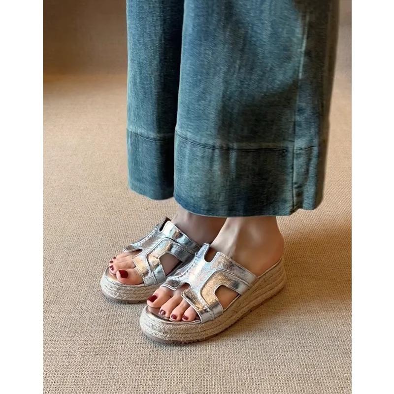 Sheepskin Version~ Genuine Leather Ruth Thick-soled One-word Slippers for Women's Summer Wear Straw-woven Muffin Shoes, High-heeled Cool Slippers