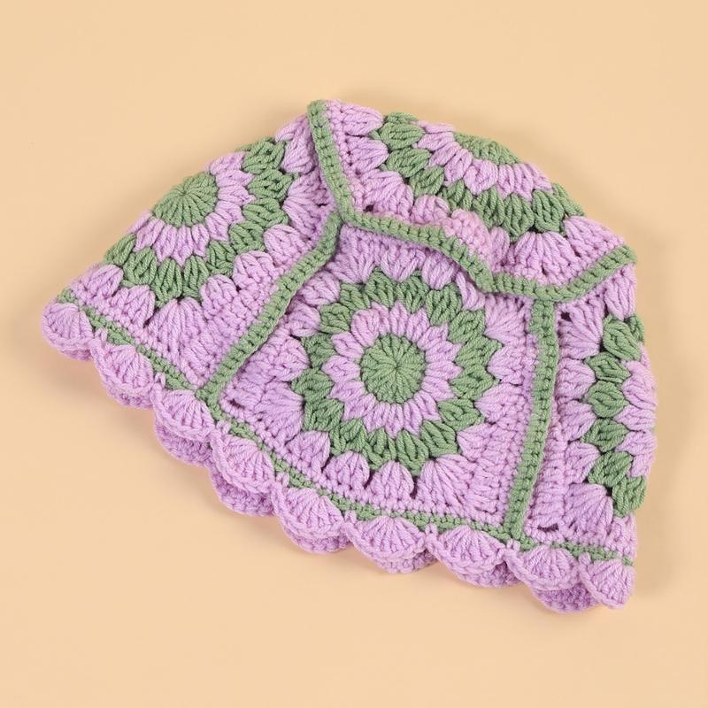 Elegant Bucket Hat Floral Granny-square Crochet Hat Holiday Decors Vacation Hat Western Cloch Style for Schoolgirls