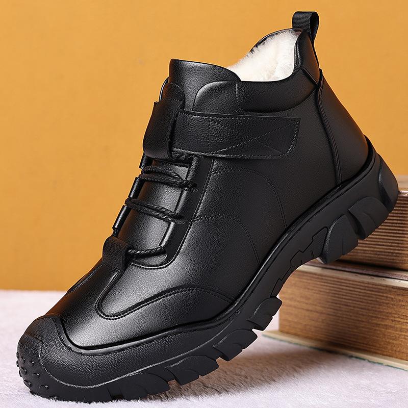 

Men s snow boots winter warm velvet thickened cotton shoes genuine leather wool non-slip middle-aged and elderly father large cotton leather shoes 38