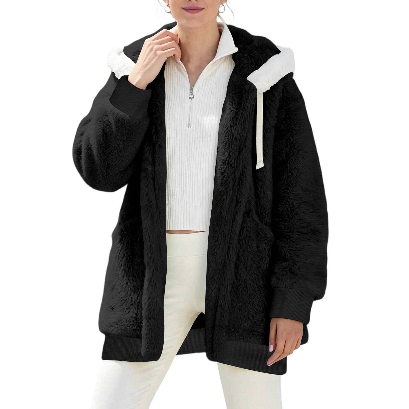 

Women s Fashionable Plush Solid Color Zippered Hooded Pocket Long Sleeved Loose Warm Jacket L