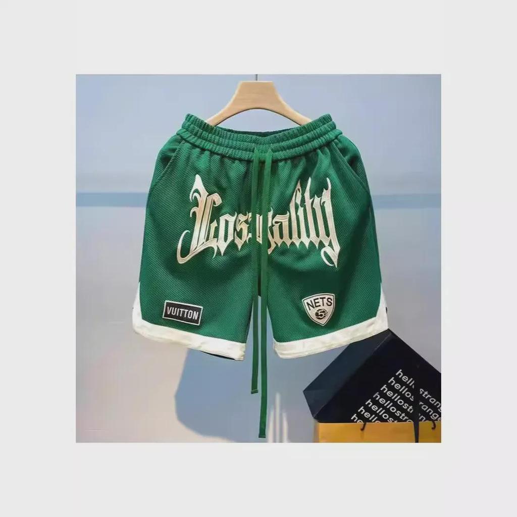 "2024 Men's Hong Kong Style Casual Summer Shorts - Youth Loose Fit with Letter Fashion Label"