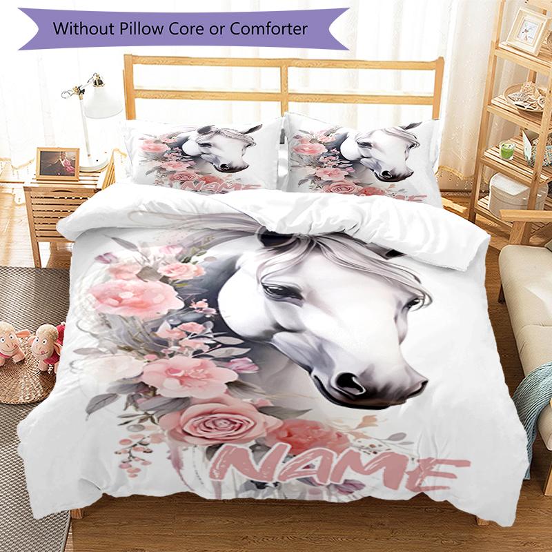 3pcs Custom Name Horse Bedding Set Duvet Cover Closure Includes 1 Duvet Cover & 2 Pillowcases, Soft and Comfortable for All Seasons.