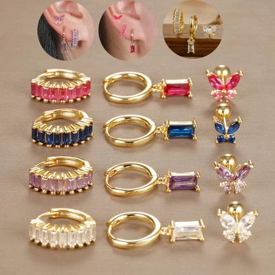 3PCS Gold Color Crystal Square Hoop Earrings Set For Women Butterfly Pendant Cartilage Tragus Helix Ear Stud Fashion Jewelry