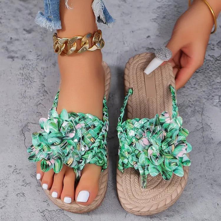 Damen Mode Freizeit Schuhe Flach Urlaub Feiertags Hausschuhe für Frau Geflochtenes Blumenmuster Offene Zehen Strand Flip Flops 2026
