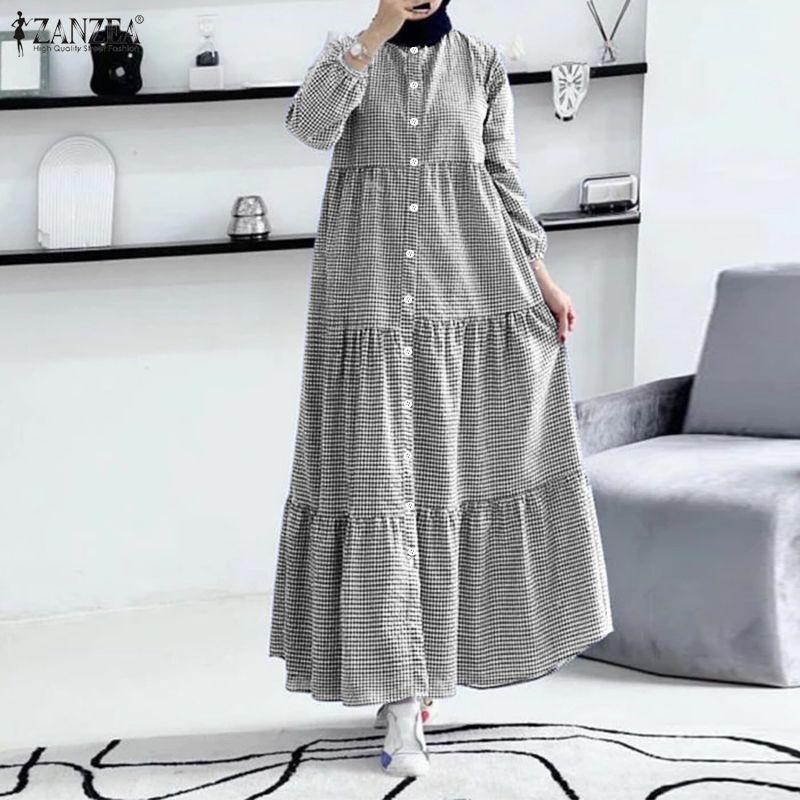 ZANZEA Women Casual Round Neck Long Sleeve Plaid Print Dress