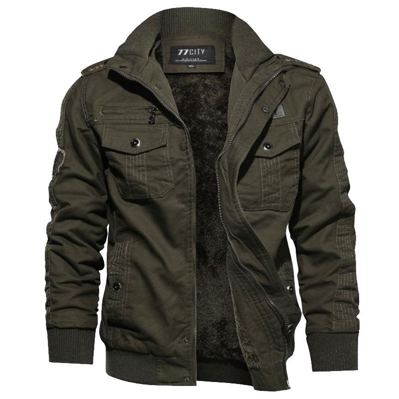 Men's Black Military-Style Cotton Jacket, Plus Velvet, Large Size, Autumn/Winter Trendy Outerwear