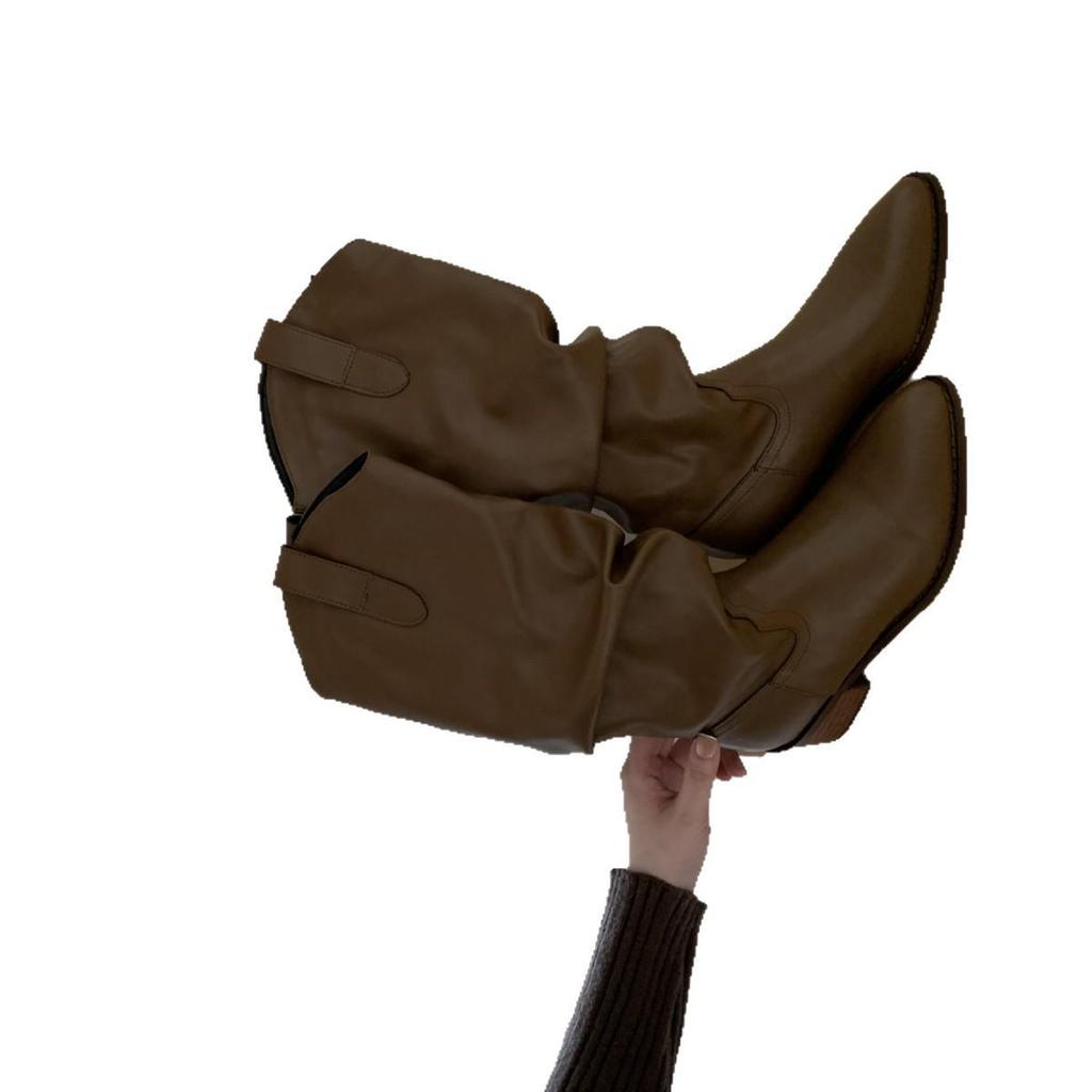 2025 Autumn/Winter V-Mouth Chunky Heel Ruched Knee-High Western Cowboy Boots