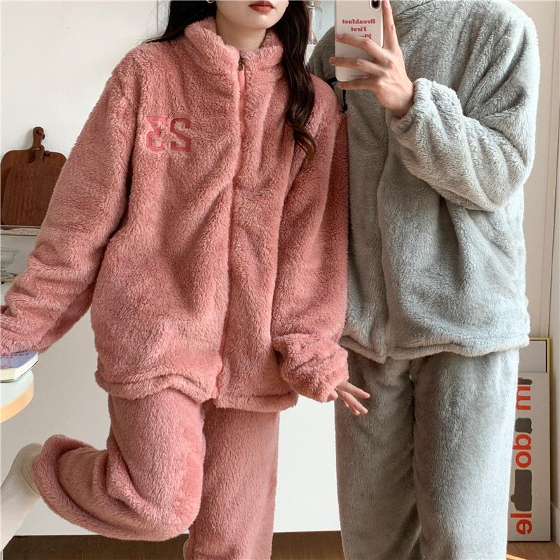 Autumn Winter Couples Flannel Thickened Warm Pajamas Women's Long-sleeved Zipper Plush Suit Men's Home Wear