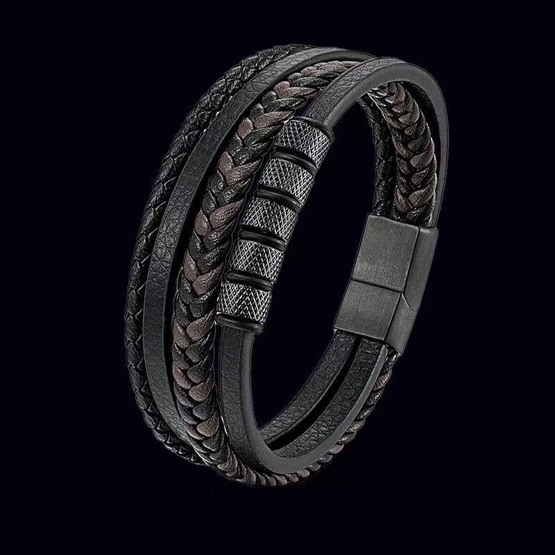 Men's Handmade Black Cowhide Leather and Titanium Steel Multi-layer Bracelet