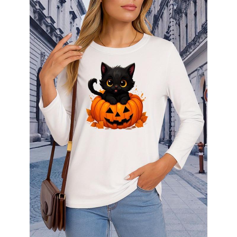 Black Cat Pumpkin Print Women's Round Neck Long Sleeve T-Shirt