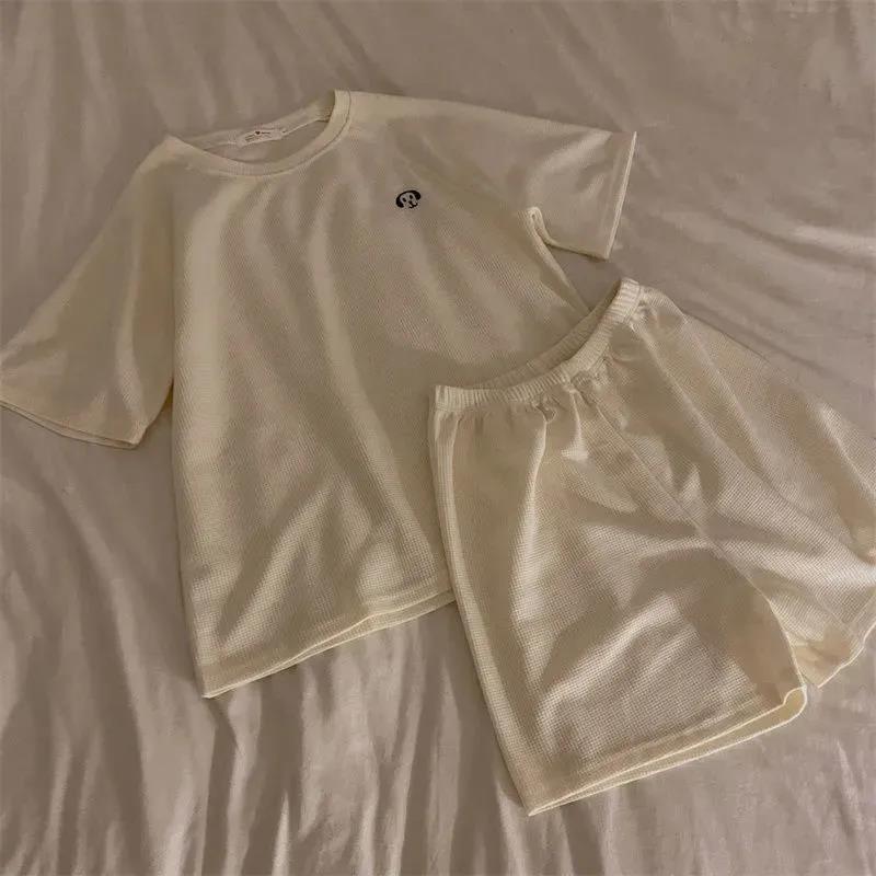WTEMPO Casual Waffle Fashion Suit Women Summer Oversize Korean Short-sleeved T-shirt + Shorts Letter Embroidery 2pcs Sets