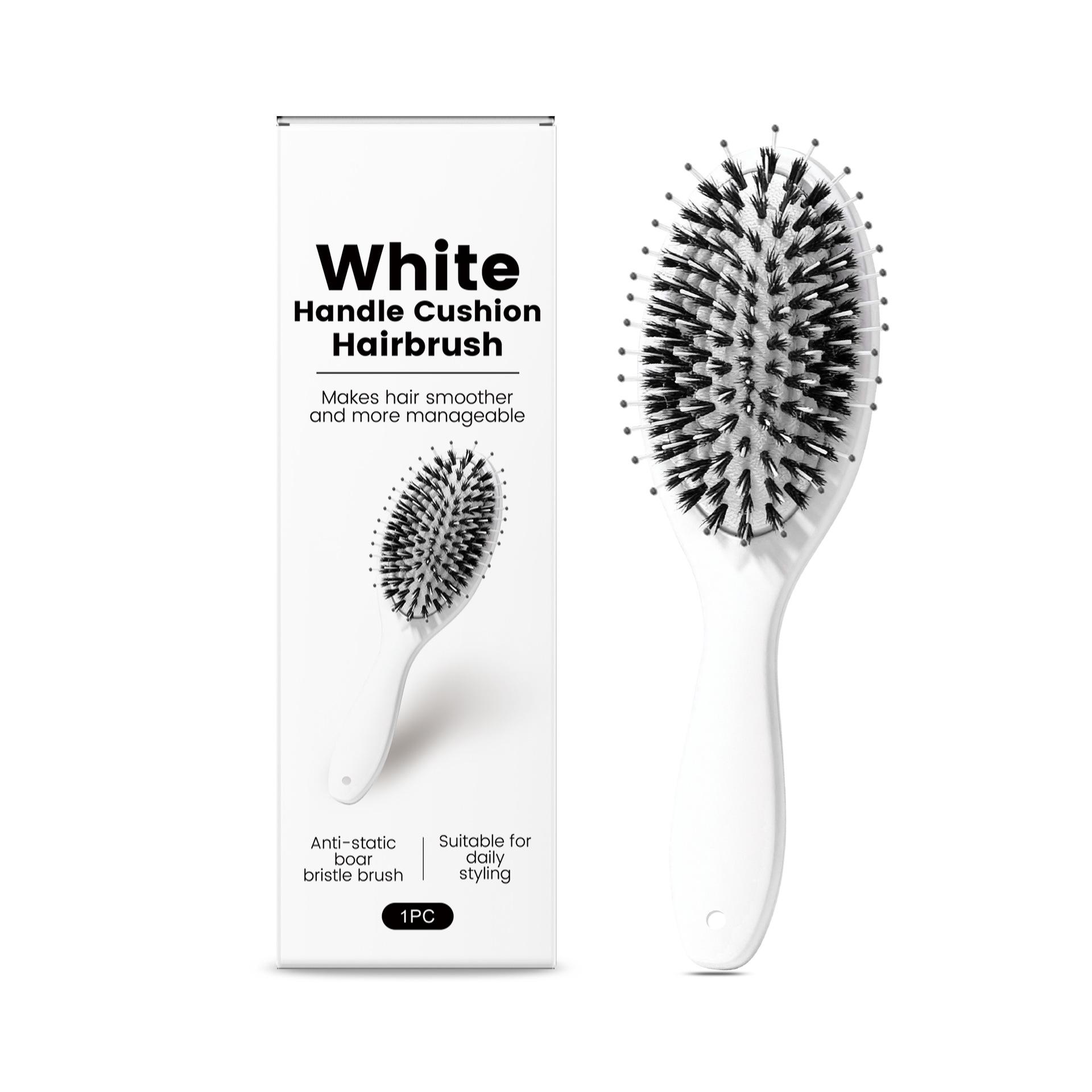 

White Pattern Non-slip Bristle Comb: Gentle, Comfortable, Lightweight, Durable, Portable, Compact Cushion for Daily Detangling.