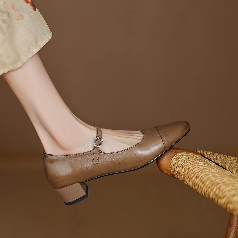 Krazing Pot Cow Skin Spring Summer Size 41 Thick Med Heels Women Round Toe Metal Buckle Straps Shallow Pink Color Pumps