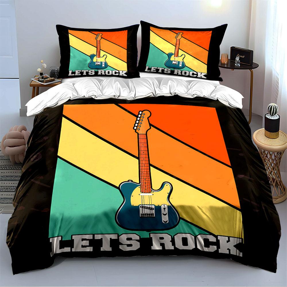 Retro Guitar "Lets Rock" Design Bedding Duvet Cover Set Duvet Cover Pillowcases (1*Duvet Cover 2*Pillowcases, Without Duvet Insert)
