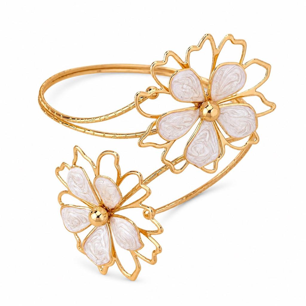 Bohemian Enamel Flower Upper Arm Cuff Bangle, Gold Color Spiral Floral Armlet for Women, Beach Party Holiday Jewelry Gift