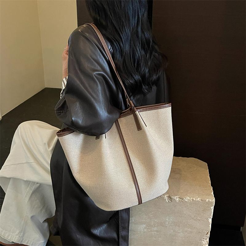 Canvas-Tragetasche mit Kontrastbesatz und langen Trägern, lässige Alltags-Einkaufstasche für Damen, für den täglichen Gebrauch