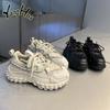 Retro Sports Leisure Tire Base Platform Shoes Heel Height Med 3cm-5cm Mesh Splicing Sneakers 2024 New Fashion Autumn and Winter