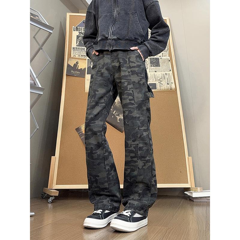 American Micro-pull Camouflage Pants Men's Spring Ruffian Handsome Straight Pants, High Street Lumberjack Denim Trousers
