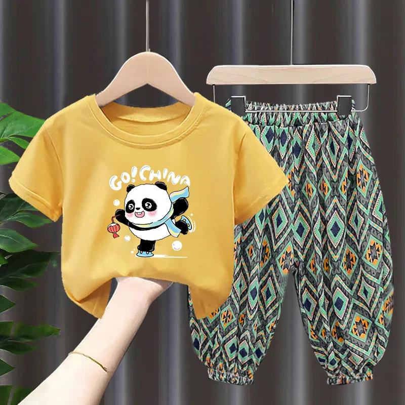 Panda Cartoon Pattern Set Children's Summer Thin Suit Casual Pants + Round Neck Short Sleeve T-Shirt Two-piece Set