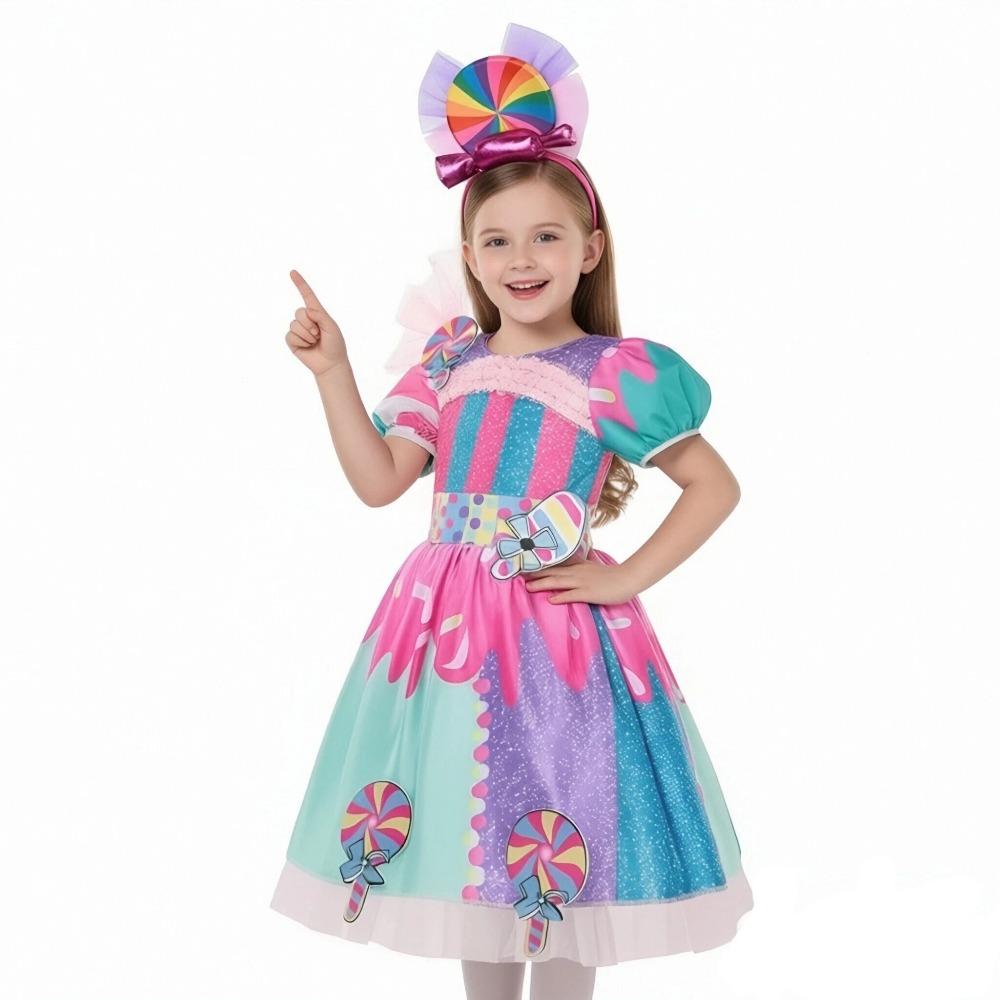 Purim Girls Lollipop Candy Dress With Headband 2 PCS Set Princess Cosplay Carnival Birthday Party Gift Cute Rainbow Costume