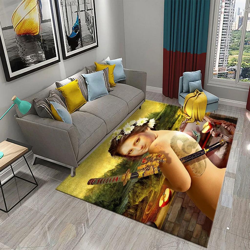 Funny Mona Lisa Oil Painting Carpet Home Decor Painting Mat for Living Room Bedroom Kitchen Bathroom Non-slip Floor Area Mats