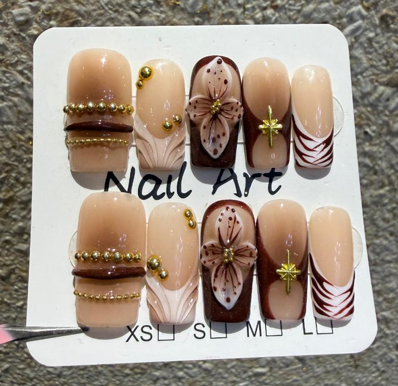 10Pcs Long Coffin Sweet Cool Handmade Nails Tips French Metal Rhinestone Stick on False Nails Shiny Stars Wearable Manicure Set