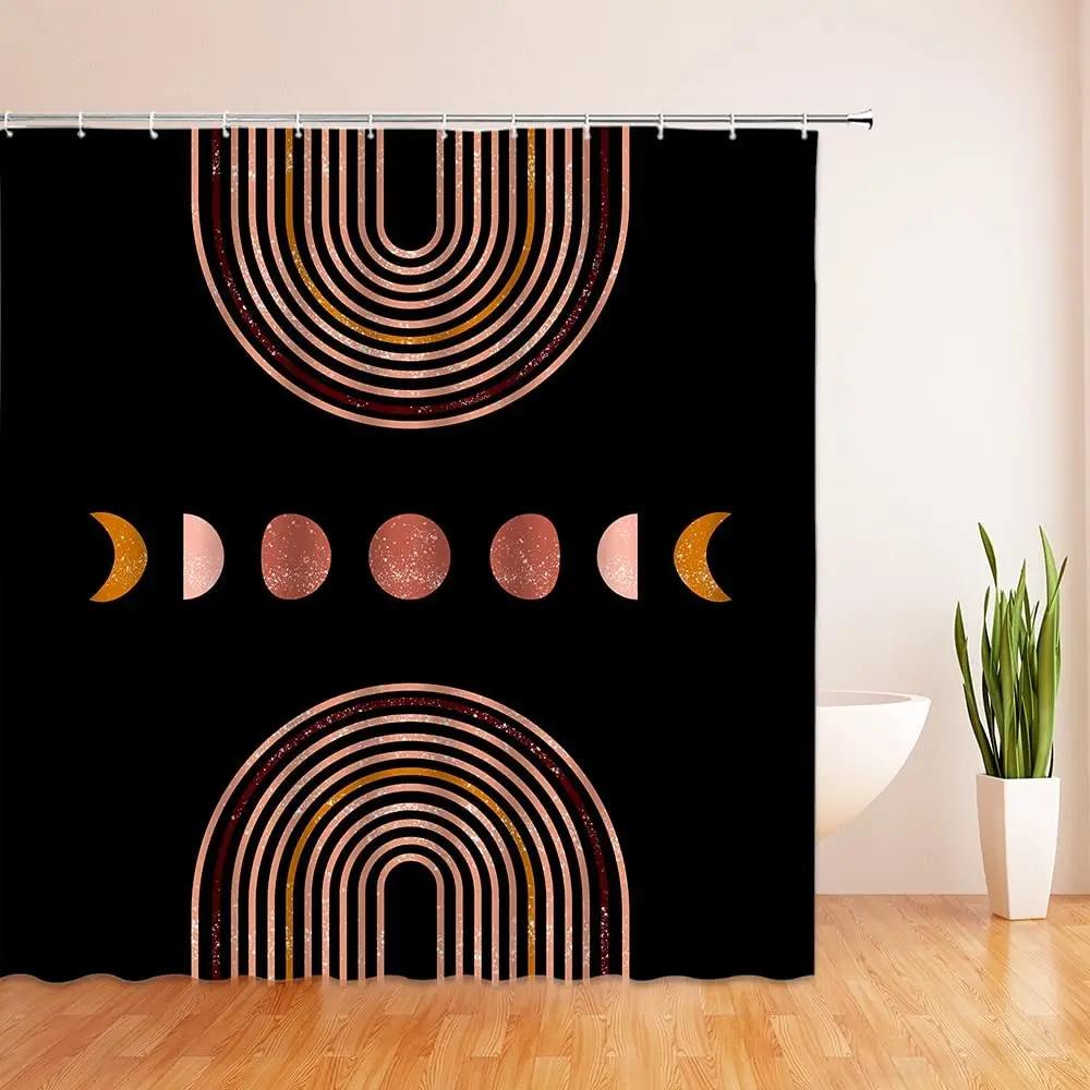 Abstract Art Geometric Shower Curtain Hook Simple Line Color Block Polyester Fabric Modern Bath Curtain for Bathroom Home Decor