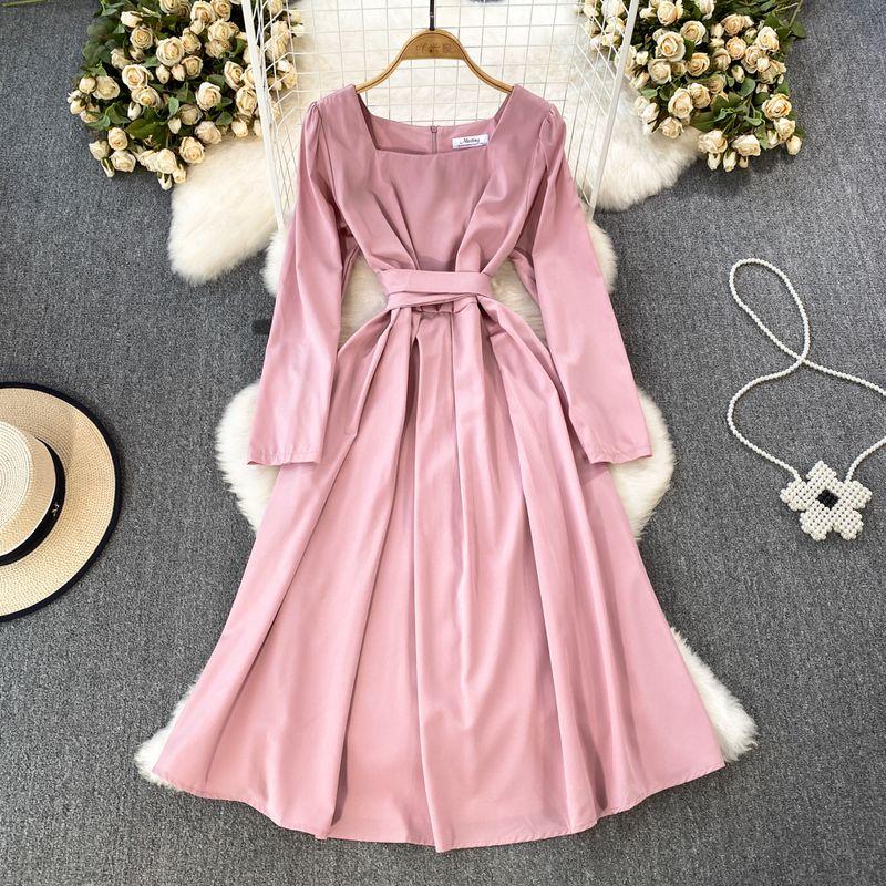 

Spring and Autumn Square Collar A- line Elegance Large Swing Dress Pink All yards