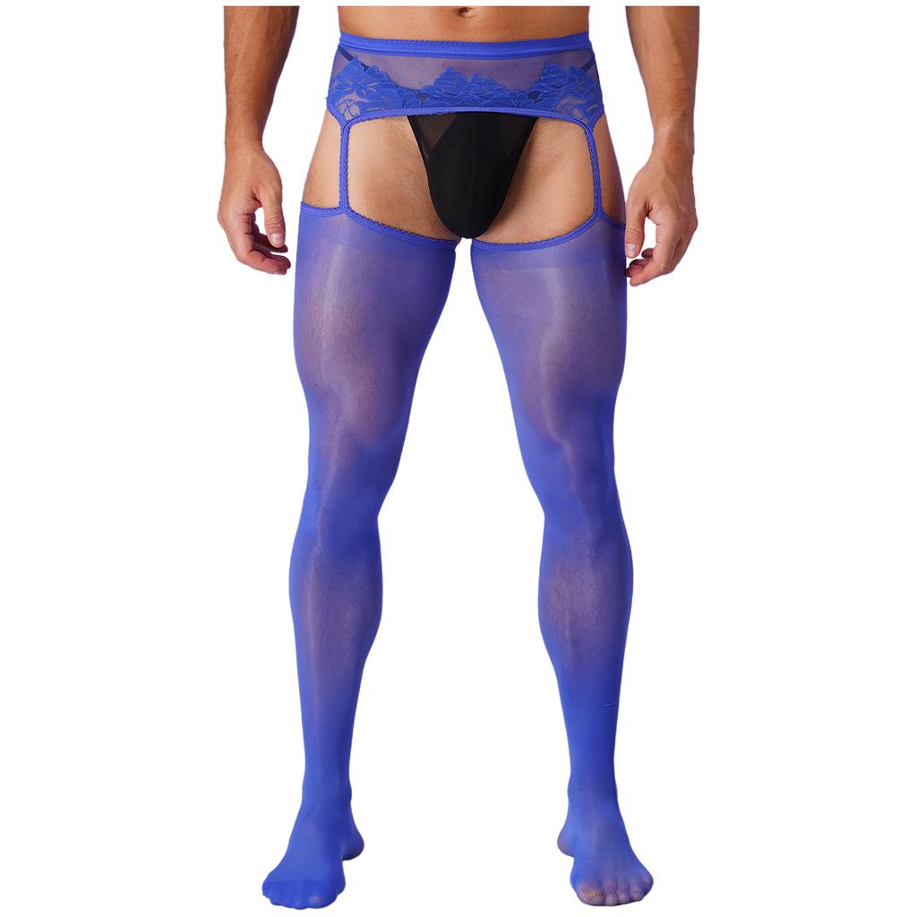 Mens Crotchless Pantyhose Floral Lace Design Open Leggings One Piece Garter Stockings Club Wear