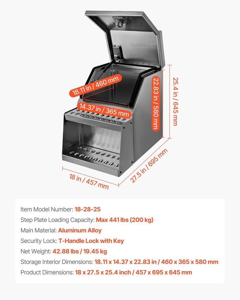 Werkzeugkasten für LKW-Stufe, 457 x 695 x 645 mm Robuster Aluminium-Werkzeugkasten, Seitenmontage, Wasserdichte Seitenstauraum-Sattelstufenkasten mit T-Griff-Schloss & Schlüsseln
